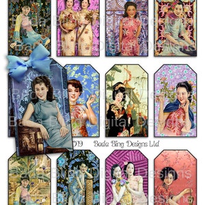 Opulente Oriental Women , etichette regalo stampabili, fogli di collage digitale, INSTANT Digital Download,Geishas,vintage orientals,zen, 3 x 2 pollici
