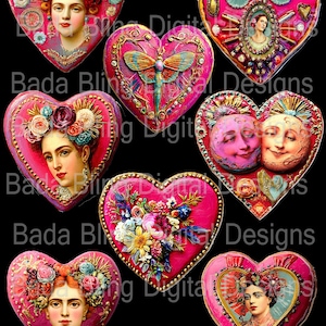 May include: A collection of pink heart-shaped designs with various decorative elements. Each heart features a portrait of a woman, flowers, or other ornate details. The text "Bada Bling Digital Designs" is visible.