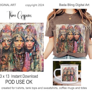 Transferencia de imágenes grandes de Three Gypsies, 13 x 13 JPEG, Descarga instantánea, Impresión bajo demanda use OK, descargas digitales tribales gitanas boho