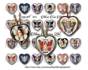 25 mm hearts,Flights Of Fancy, original art, INSTANT DOWNLOAD, for heart pendants, teacher's gifts,Buddha, gypsy, wings,madonna