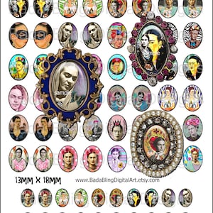 Op de afbeelding: Een digitaal vel met 36 afdrukbare afbeeldingen van Frida Kahlo in verschillende stijlen. De afbeeldingen zijn ovaalvormig en zijn gedimensioneerd voor cabochons van 18 mm x 25 mm en 13 mm x 18 mm. De tekst "FUN Fab FRIDA" staat bovenaan het vel. De tekst "18MM X 25MM" en "13MM X 18MM" staan bovenaan en onderaan het vel. De tekst "www.BadaBlingDigitalArt.etsy.com" staat in het midden van het vel. De tekst "Bedankt voor uw digitale aankoop vandaag" staat onderaan het vel.