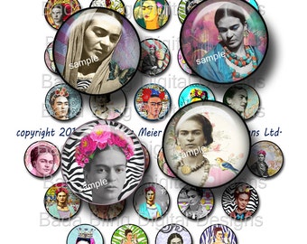 25 mm circles, Frida, As I Envision Her Today, digital collage sheets...INSTANT Digital Download at Checkout, bottlecap images