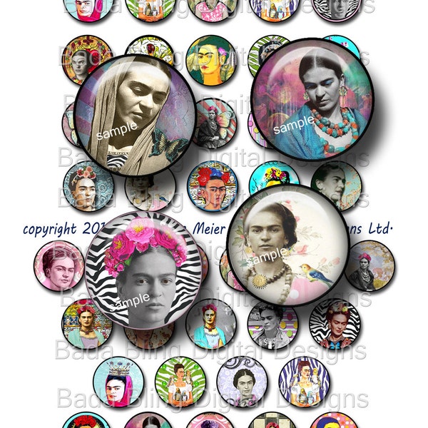 25 mm circles, Frida, As I Envision Her Today, digital collage sheets...INSTANT Digital Download at Checkout, bottlecap images