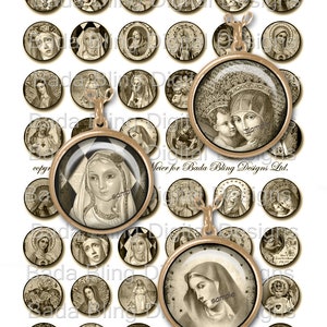 25mm circles, sepia,Antique Prayer Cards &  Holy Cards,INSTANT Download At Checkout, religious pendants, sepia collage sheets