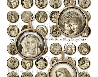 25mm circles, sepia,Antique Prayer Cards &  Holy Cards,INSTANT Download At Checkout, religious pendants, sepia collage sheets