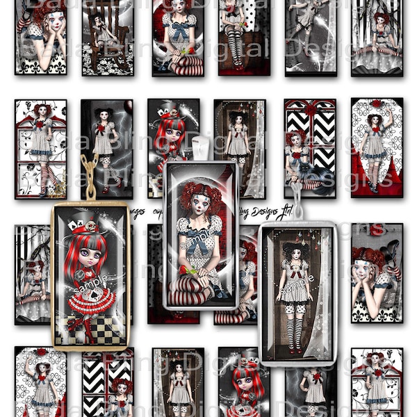 Gothic Gals and Clowns,Pierrot, 1 x 2  collage sheets, INSTANT Download, goth, red and black, clowns, gothic images,steampunk collage sheets