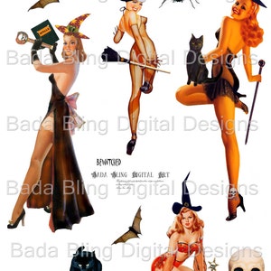 Bewitched, altered witches... INSTANT DOWNLOAD, Halloween digital collage sheets,witch, witches, cats, bats, gothic, pin ups