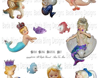 Merry Little Mermaids, altered art mermaids, mermaid  collage sheets for atcs, cards, paper dolls,  INSTANT  Digital Download at Checkout