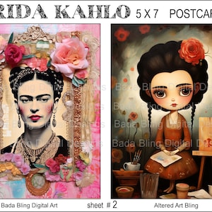 FRIDA Postkarten #2 original Kunst druckbare Postkarten digitale Collage Bogen INSTANT Digital Downloads mexikanische Künstlerin Frida jedes Bild ist 5 x 7
