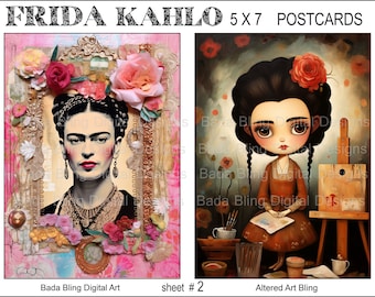 Cartes postales FRIDA #2 cartes postales imprimables originales, feuille de collage numérique Téléchargements numériques instantanés Artiste mexicaine Frida, chaque image mesure 5 x 7