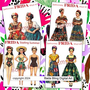 Frida Kahlo fashionista 4 fogli di collage Bambole di carta Frida File PNG Download immediato File JPEG stampabili disponibili su richiesta