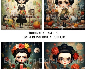FRIDA In The Studio original art INSTANT Download, use for journals, cards, tags, Frida jewelry, 4 x 4 ceramic tiles, decoupage, atcs