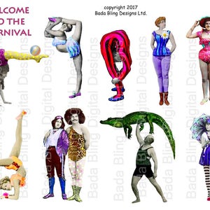 Bienvenue au Carnaval... personnages de carnaval et de cirque, feuilles de collage numérique, 3 fichiers 1 PNG et 2 JPEGS, INSTANT Digital Download