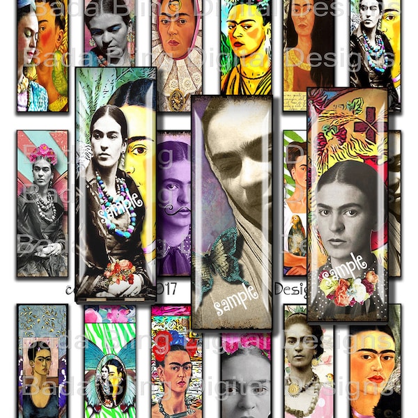 1 x 3  Frida As I Envision Her Today, digital collage sheets, INSTANT Digital Download, slides, slide pendants, suncatchers