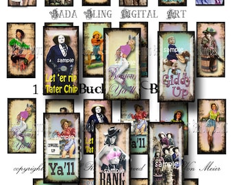 1 x 2  Buckaroo Babes, cowgirl digital collage sheets  for art pendants and domino tiles INSTANT  Digital Download at Checkout