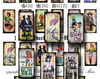 1 x 2  Buckaroo Babes, cowgirl digital collage sheets  for art pendants and domino tiles INSTANT  Digital Download at Checkout