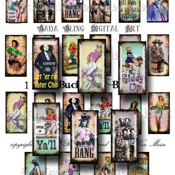 1 x 2  Buckaroo Babes, cowgirl digital collage sheets  for art pendants and domino tiles INSTANT  Digital Download at Checkout