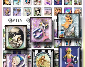 scrabble tiles, Altered Art Mermaids... digital collage sheets for scrabble tile pendants INSTANT  Digital Download at Checkout