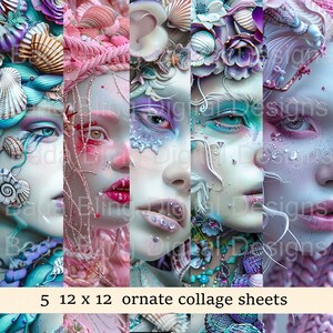 5 feuilles de collage techniques mixtes Mermaid Magic 12 x 12 pour journaliser des atcs, du scrapbooking, des cartes-cadeaux et des bijoux Téléchargement instantané à l'achat