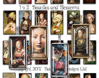 1 x 2,  Beauties and Blossoms, INSTANT Download, collage sheets for jewelry, Gothic, renaissance, ornate images for 1 x 2 pendants