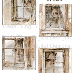 May include: A digital art collection titled looking thru the window featuring four watercolor-style illustrations of a person peering through a weathered wooden window frame with textured beige walls and visible brushstrokes in sepia tones.