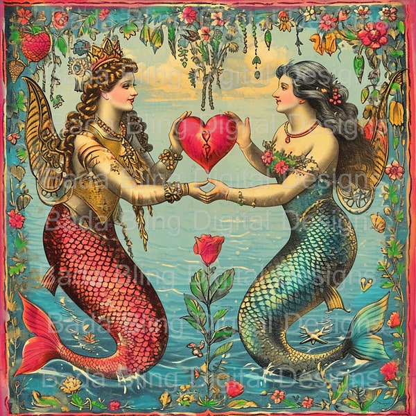 Two Mermaids valentine, large image transfer, 12" INSTANT Download at Checkout, mermaid printable, mermaid decoupage, mermaid fabric blocks