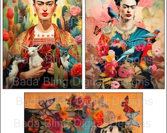 Cartes postales FRIDA #2 cartes postales imprimables originales feuilles de collage numérique Téléchargement numérique instantané de l'artiste mexicaine Frida, chaque image mesure 4 x 6