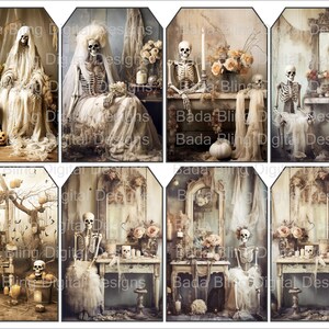 Skelette mit einem Hauch von Eleganz, druckbare Halloween Geschenkanhänger, Halloween Junk Journals, Halloween Journal Seiten, Halloween druckbare Geschenkanhänger