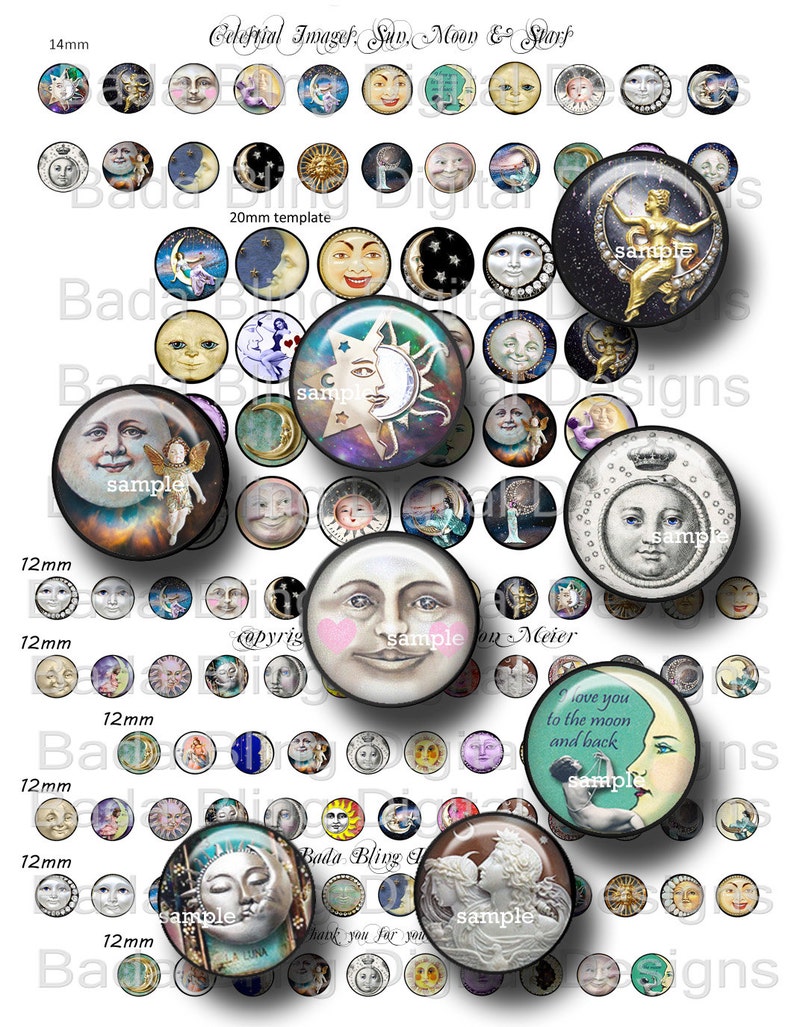 Sun earrings for charms Stars INSTANT Digital Download 12mm,14mm and 20mm celestial graphics cuff links photo bracelets Moon