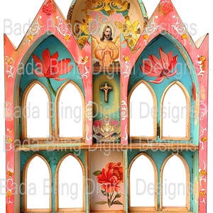 May include: A decorative wooden shelf with a multi-colored design. The shelf features arched openings, floral accents, and an image of Jesus. The color palette includes pink, teal, and gold, with the text "Bada Bling Digital Designs".