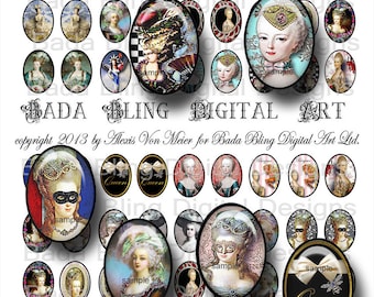 May include: A digital art sheet with 31 pairs of oval-shaped images featuring Marie Antoinette in various poses and settings. The images are 18mm x 25mm and are perfect for crafting projects.