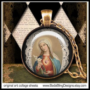 May include: A gold pendant necklace with a round glass cameo featuring a painting of the Virgin Mary holding a white flower and a red heart. The cameo is surrounded by a white lace design.