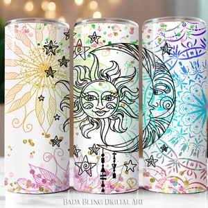 Mandala arcoíris de sol y luna, diseños de sublimación para vasos delgados de 20 oz, archivos rectos y cónicos, descarga INSTANTÁNEA al finalizar la compra, 2 archivos PNG