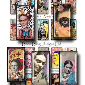 Puede incluir: Una colección de piezas de arte rectangulares con retratos de Frida Kahlo. Las imágenes la muestran con flores, mariposas y diversos estilos artísticos. El texto "Frida Kahlo, a woman ahead of her time" es visible en la parte superior.