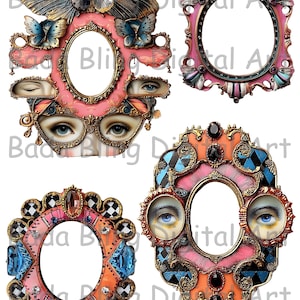 May include: A digital collage sheet featuring four ornate frames with oval openings. The frames are in shades of pink, orange, and gold, with decorative elements including butterflies, gemstones, and painted eyes. The text "Ornate Frames sheet # 2" is visible.