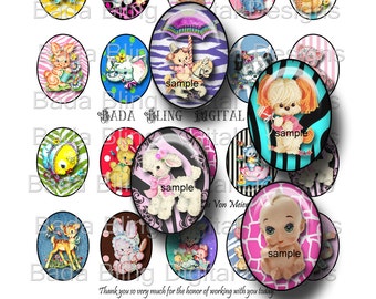 Baby Animals and Kewpie Dolls, digital collage sheets for pendants,30mm x 40mm oval cabs,  INSTANT  Digital Download at Checkout