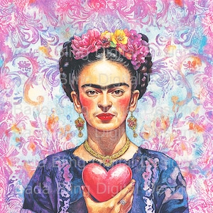 Enamorado de Frida Kahlo, imagen grande imprimible, arte original, POD, uso permitido, bloques de tela, páginas de diario, camisetas, cuadernos, decoupage