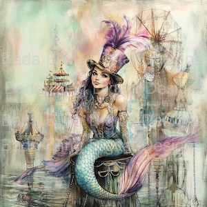 Carnival Mermaid   12 x 12 and 8 x 8  mermaid collage sheets mermaid journal pages, mermaid printable art, vintage mermaids mermaid digitals