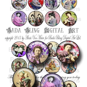May include: A set of 12 digital printable 1.5 inch round images featuring women in traditional Japanese clothing. The images are perfect for crafting projects, scrapbooking, and digital design.