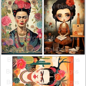 Cartões postais FRIDA #3 arte original cartões postais para impressão folhas de colagem digital Downloads digitais instantâneos artista mexicana Frida cada imagem 4 x 6