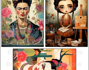 Cartes postales FRIDA #3 cartes postales imprimables originales feuilles de collage numérique Téléchargements numériques instantanés Artiste mexicaine Frida chaque image 4 x 6