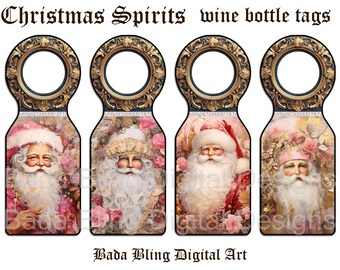 Etiquetas navideñas para botellas de vino, descargas instantáneas, etiquetas de regalo originales para botellas de vino con arte imprimible, etiquetas de Papá Noel para botellas de vino, Papá Noel rosa para Navidad.