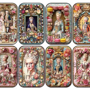 May include: A collection of eight rectangular decorative images featuring portraits of historical figures in ornate frames. The frames are adorned with flowers, pearls, and other embellishments, with a pastel color palette.