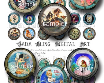 Porthole Mermaids, INSTANT  DIGITAL DOWNLOAD at Checkout... mermaid collage sheet of 25mm or 1 inch circles