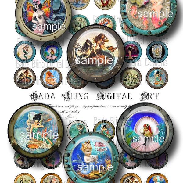 Porthole Mermaids, INSTANT  DIGITAL DOWNLOAD at Checkout... mermaid collage sheet of 25mm or 1 inch circles