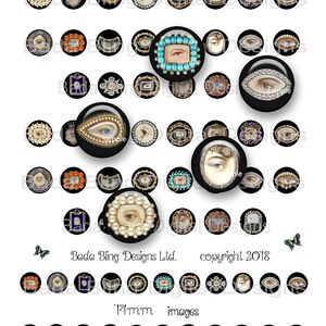 May include: A collection of 18mm and 14mm round black and white images of Victorian-style eyes with various embellishments, including pearls, jewels, and gold accents. The images are arranged in rows and labeled "18mm Victorian Lover's Eyes for earrings and bracelets" and "14mm images". The text "Bada Bling Designs Ltd. copyright 2018" is also included.