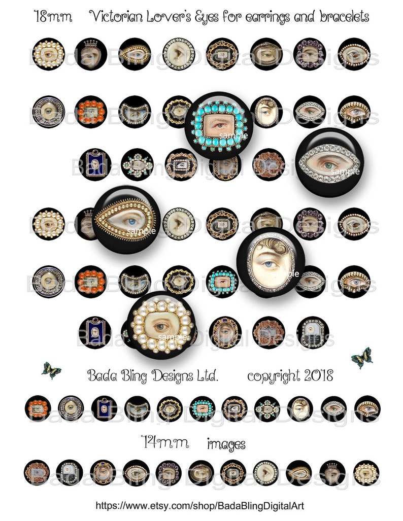 May include: A collection of 18mm and 14mm round black and white images of Victorian-style eyes with various embellishments, including pearls, jewels, and gold accents. The images are arranged in rows and labeled "18mm Victorian Lover's Eyes for earrings and bracelets" and "14mm images". The text "Bada Bling Designs Ltd. copyright 2018" is also included.