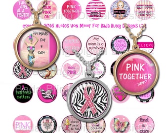 Breast Cancer Awareness,INSTANT Digital Download at Checkout, collage sheets for breast cancer pendants, pink ribbons, 1"circles, think pink