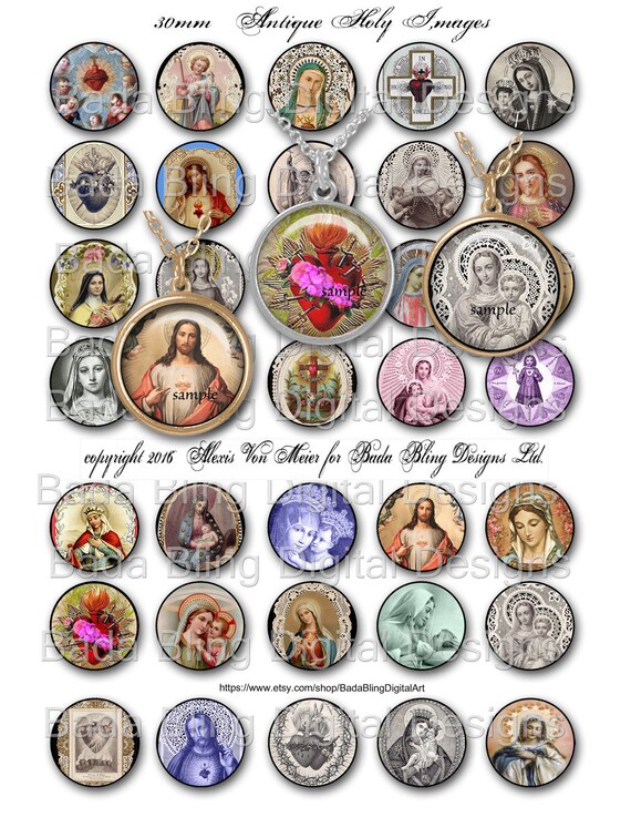 30mm circles,  Antique Prayer Cards... INSTANT DOWNLOAD at Checkout,  religious collage sheets, Catholic pendants, Christian jewelry