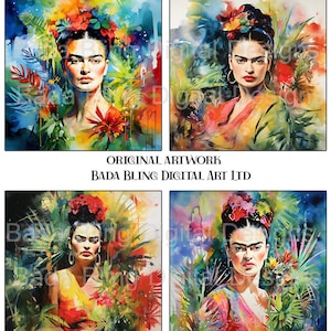 FRIDA en acuarelas, arte original, descarga INSTANTÁNEA, uso para diarios, tarjetas, etiquetas, joyas de Frida, azulejos de cerámica de 4 x 4, decoupage, arte de Frida